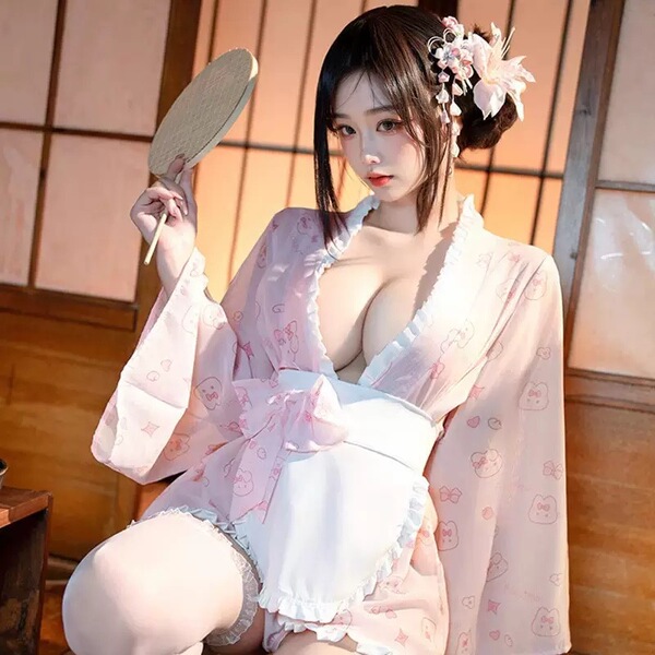 A woman wearing a cute kawaii bunny maid costume, featuring a japanese-style sexy sleep robe with rabbit prints, bows, and la...
