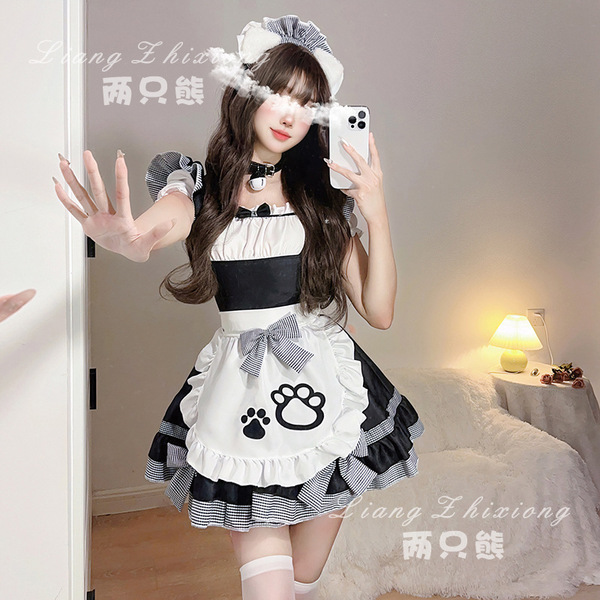 A cute maid dress with black and white stripes, featuring a ruffled apron and bow tie, perfect for cosplay or anime-themed ou...