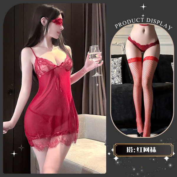 Golden Night Sexy Lingerie Set - Sheer Strapless Bra & Matching Briefs, Sensual Pure-Delight Outwear-Ready Design - Skirt Tears~ [Red] + Red Fishnet Stockings