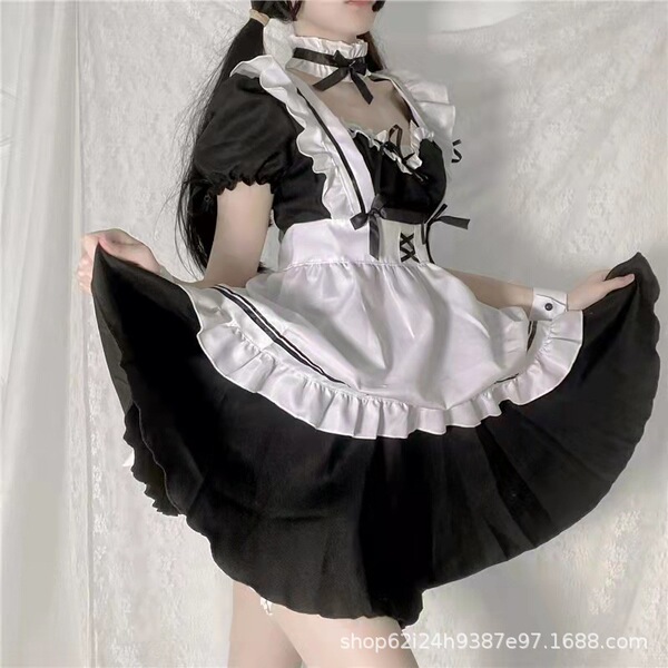 A stylish maid outfit featuring a black and white design with ruffled details, perfect for anime-inspired daily wear.