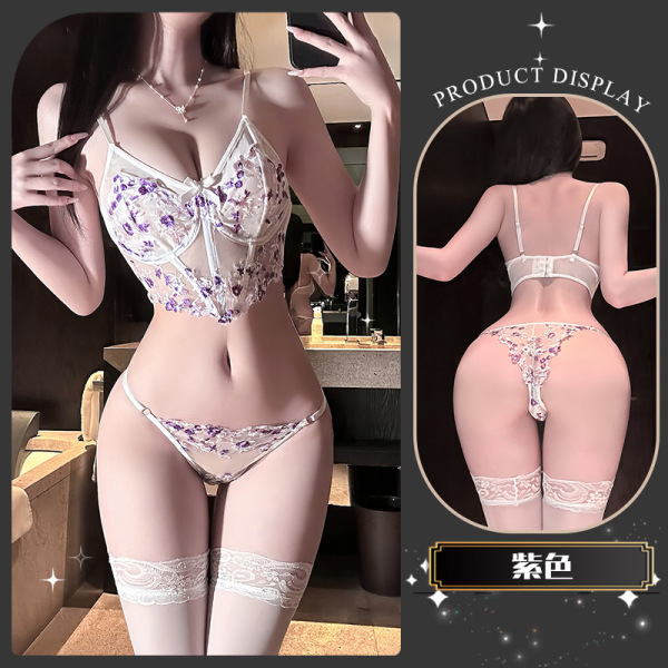 Chaomu Lace Embroidery Lingerie Set - Sexy Push-Up Bra & Thong, Elegant Pure-Yet-Sensual Women's Intimate Wear - Osmanthus Fragrance * Purple + White Stockings