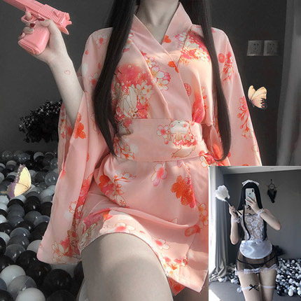 Japanese-Style Sexy Lingerie Set - Transparent Kimono Sleepwear for Romantic Nights & Bedroom Play - Kimono coat + black maid