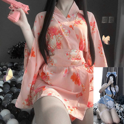 Japanese-Style Sexy Lingerie Set - Transparent Kimono Sleepwear for Romantic Nights & Bedroom Play - Kimono jacket + blue maid
