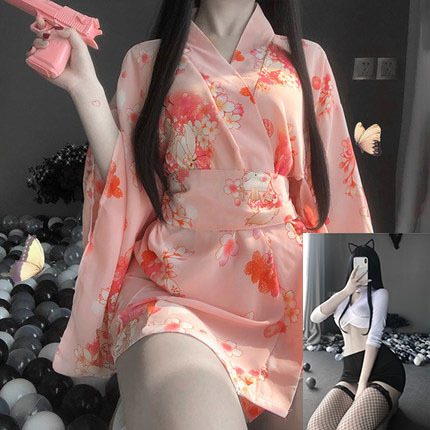 Japanese-Style Sexy Lingerie Set - Transparent Kimono Sleepwear for Romantic Nights & Bedroom Play - Kimono jacket + secretary