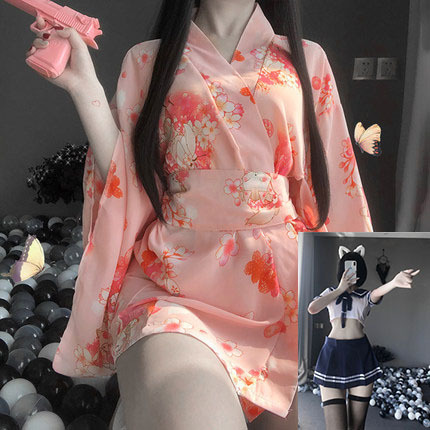 Japanese-Style Sexy Lingerie Set - Transparent Kimono Sleepwear for Romantic Nights & Bedroom Play - Kimono jacket + student