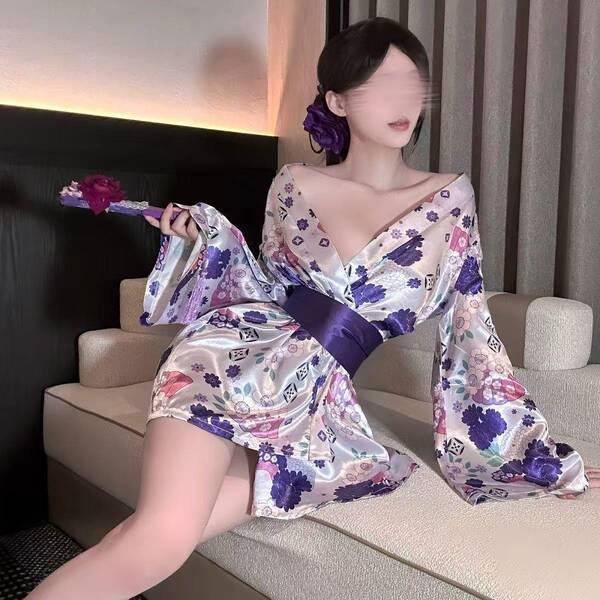 Cherry Blossom Two-Way Lingerie Set - Seductive Kimono Sleepwear with Chest & Hip Exposure, No-Remove Maid Outfit - Kimono + obi