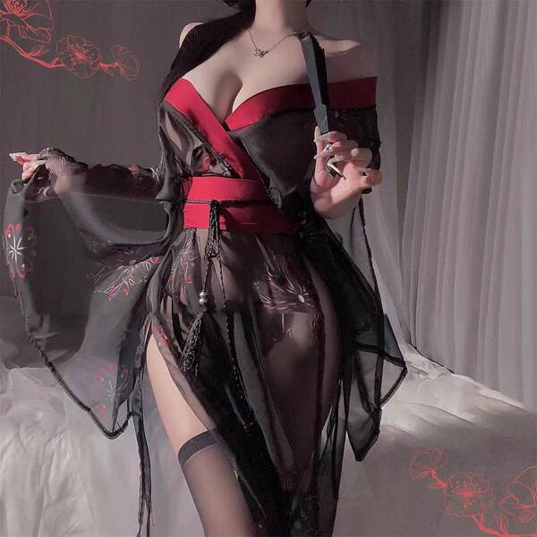 Sensual Hanfu Lingerie Set - Erotic Ancient Chinese Costume Sleepwear for Bedroom Play & Romantic Nights - Kimono + obi (belt) + underwear