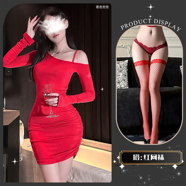 Golden Night Sexy Lingerie Dress - Off-Shoulder Bodycon Party Dress with Side Waist Drawstring, Vibrant Red-Lady Style - Beautiful kiss~ + red fishnet stockings