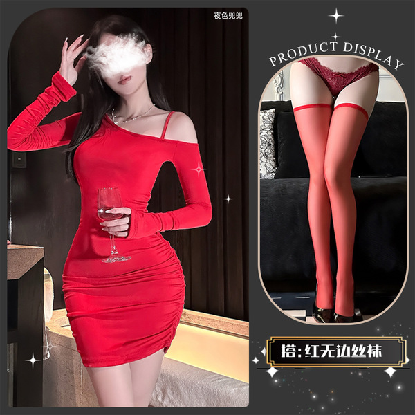 Golden Night Sexy Lingerie Dress - Off-Shoulder Bodycon Party Dress with Side Waist Drawstring, Vibrant Red-Lady Style - Beautiful kiss~ + red stockings