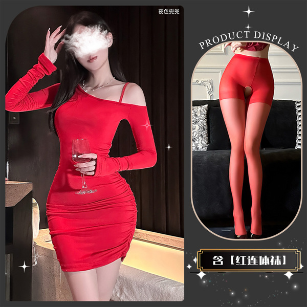 Golden Night Sexy Lingerie Dress - Off-Shoulder Bodycon Party Dress with Side Waist Drawstring, Vibrant Red-Lady Style - Beautiful kiss~ + red bodysuit