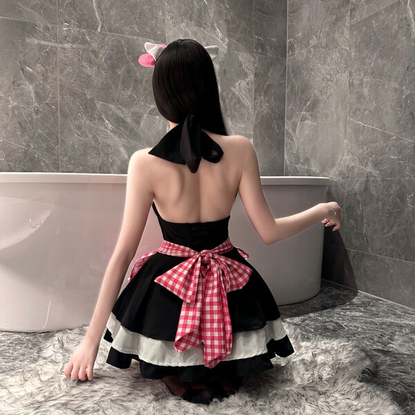 Sexy & cute maid costume with bow & apron for women, featuring a black dress with red checkered bow and fluffy cat ears, perf...
