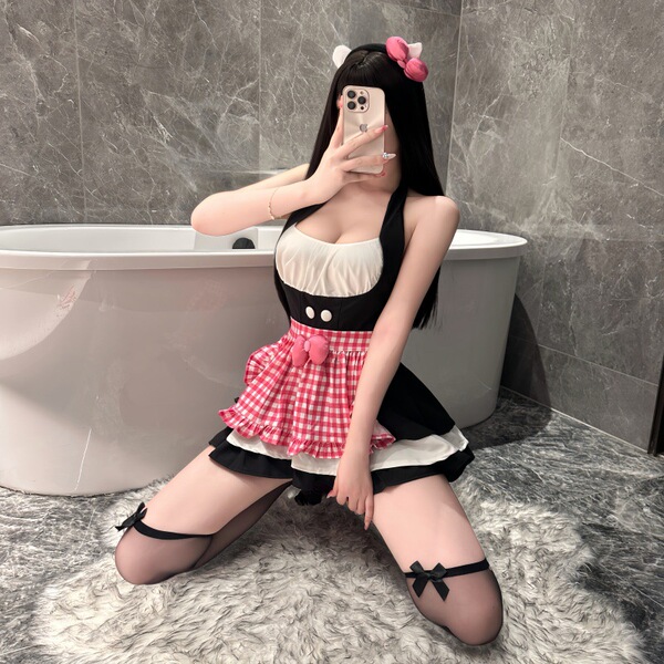 Kitty cat lingerie set featuring a cute maid costume with a pink apron, bow details, and thigh-high stockings, perfect for wo...