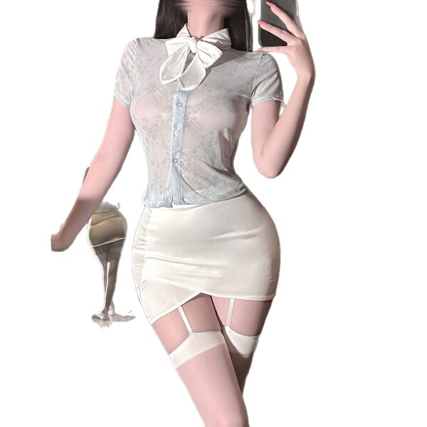 Korean-style seductive lingerie set - sheer secretary outfit with bodycon mini skirt, modest yet alluring