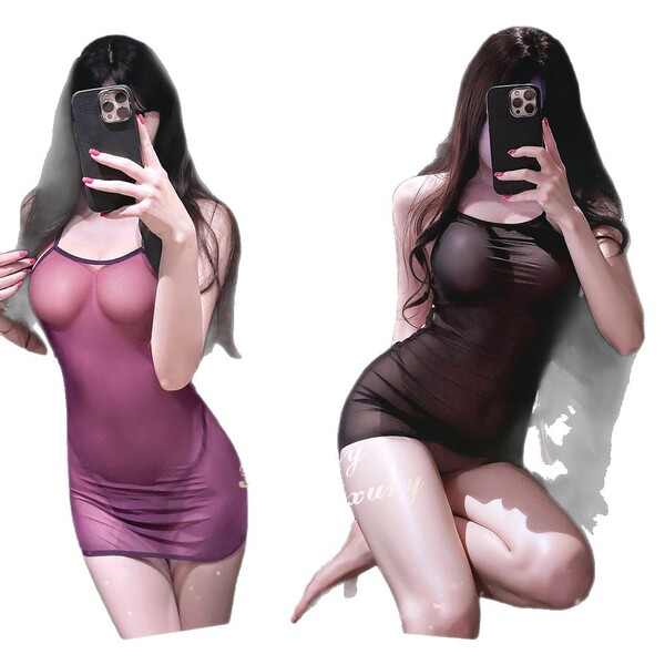 Woman modeling kouni sheer lingerie set, backless tight-fit costume in purple and black for nightclub or bedroom play.