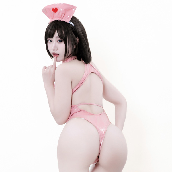 Sexy anime nurse cosplay costume featuring an open-crotch pvc bodysuit with hidden snap closure and a cute pink nurse cap.