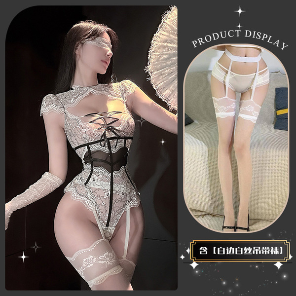 Seductive Lace Bodysuit with Sheer Panels & Adjustable Straps - Sensual Erotic Lingerie Set for Women - Bundled up, white, matching socks, blindfold, gloves