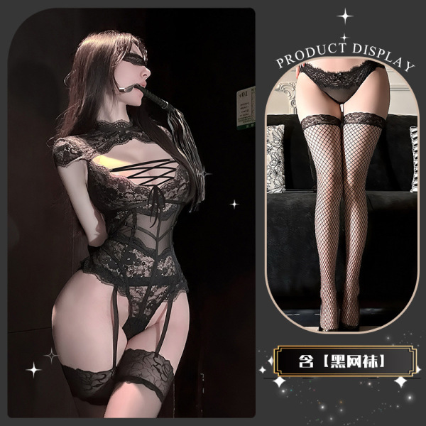 Seductive Lace Bondage Bodysuit - Sheer Temptation Lingerie with Insertable Design & Matching Thigh-Highs - Bound and trembling* Black + Black fishnet stockings + blindfold
