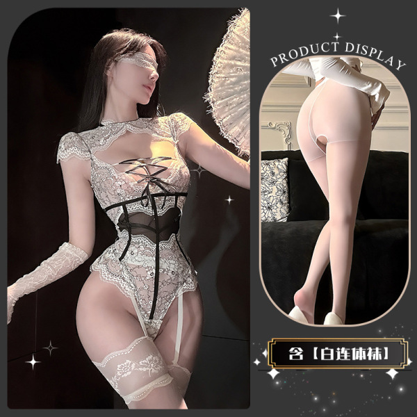 Seductive Lace Bondage Bodysuit - Sheer Temptation Lingerie with Insertable Design & Matching Thigh-Highs - Bound and trembling* White + white bodysuit + blindfold + gloves