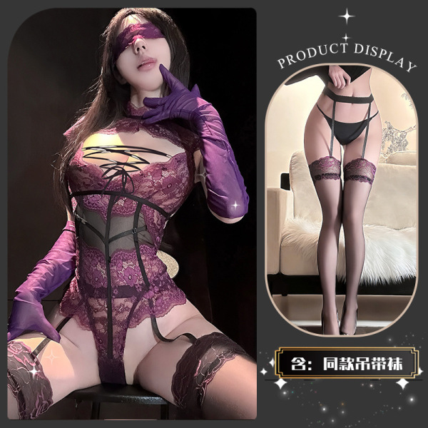 Seductive Lace Bondage Bodysuit - Sheer Temptation Lingerie with Insertable Design & Matching Thigh-Highs - Binding and trembling* Purple + matching socks + blindfold + gloves