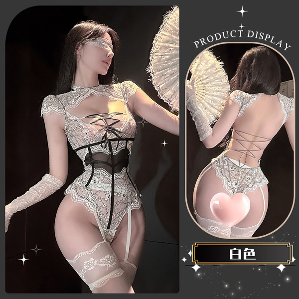 Seductive Lace Bodysuit with Sheer Panels & Adjustable Straps - Sensual Erotic Lingerie Set for Women - White [Bound and trembling bodysuit]