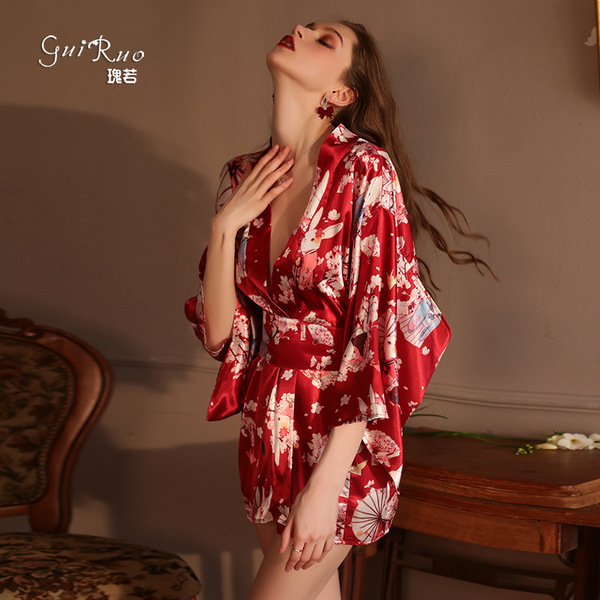 Sexy kimono-style lingerie set - satin open-front printed role play outfit for women, featuring elegant floral patterns and l...