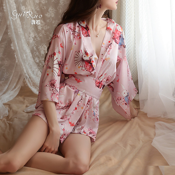 Sexy kimono-style lingerie set - satin open-front printed role play outfit for women, featuring elegant floral patterns and s...