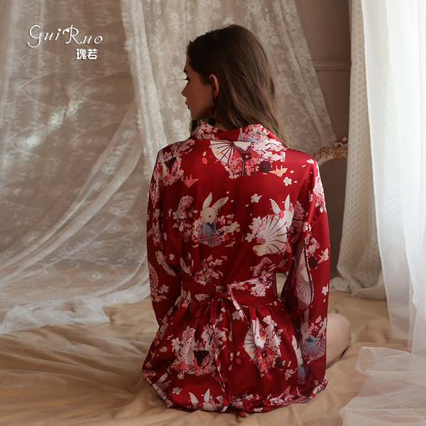 Sexy kimono-style lingerie set - satin open-front printed role play outfit for women, featuring intricate floral patterns and...