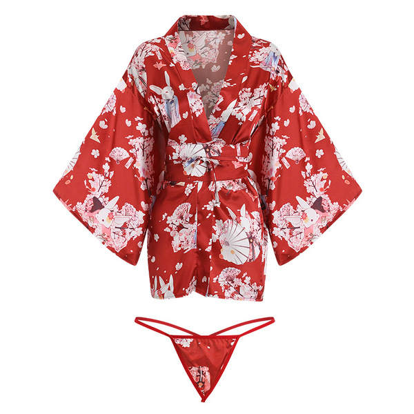 Sexy kimono-style lingerie set - satin open-front printed role play outfit for women