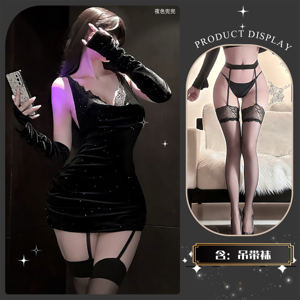Chao Mu Sexy Lace Bodysuit with Sparkling Rhinestones - New Year Backless Tie-Up Mini Dress Set for Women - Black Scarlet Night Banquet ~ + Black Garter Stockings