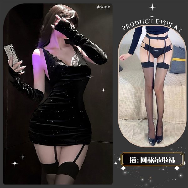 Chao Mu Sexy Lace Bodysuit with Sparkling Rhinestones - New Year Backless Tie-Up Mini Dress Set for Women - Black and Scarlet Night Banquet ~ + Matching Stockings