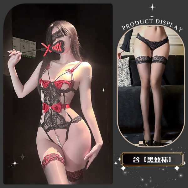 Pure & Playful Lace Lingerie Set with Bow & Pearl Bodysuit – Seductive Women's Sensual Underwear - Dead Leaf Butterfly * Red + Black Stockings