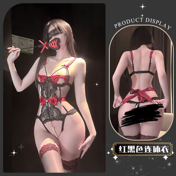 Pure & Playful Lace Lingerie Set with Bow & Pearl Bodysuit – Seductive Women's Sensual Underwear - Dead Leaf Butterfly * Red [Butterfly Pearl Conjoined]