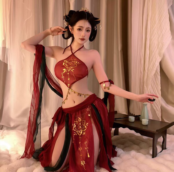 Lubei Vintage Chinese-Inspired Lingerie Set – Plus Size Hanfu-Style Busty Bodysuit, Modest Yet Alluring Sleepwear Ensemb - Princess of the Nine Provinces [Undergarment + Shawl + Gauze Skirt + T-shirt]