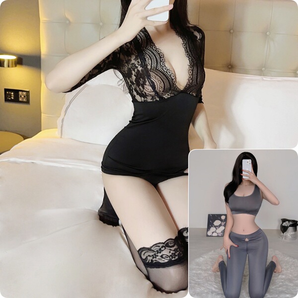 Sexy Secretary Lingerie Set 2025 - Seductive Sleepwear Costume for Date Night & Role Play - [New 2-Piece Set] Lace Bodycon Skirt (with model stockings) + Sexy Yoga Set