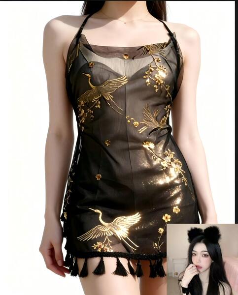 Chinese-Style Gold-Foil Crane Sleep Dress - Sexy Backless Sheer Lace Babydoll with Tassel Straps & Embroidered Crane Mot - Mesh halter top + black headband