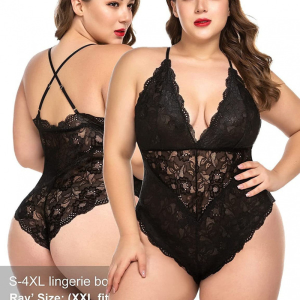 Black lace bodysuit for women, plus size erotic lingerie set with sheer mesh detailing.