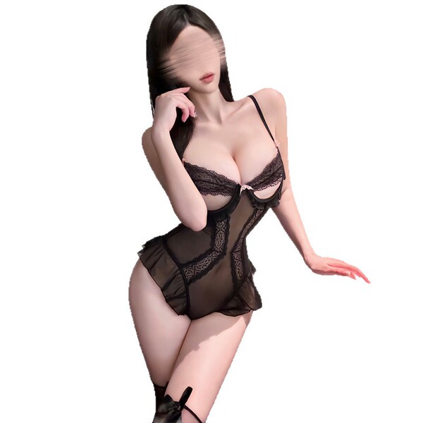 Woman modeling black lace bodysuit with sheer mesh panels, high-waisted fit, and elegant seductive design for small bust.
