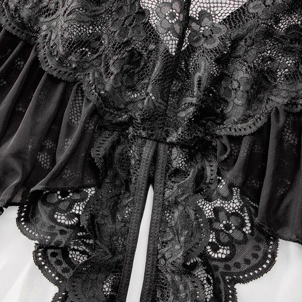 Close-up of black floral lace detailing on the luxury lace bodysuit for women, showing sheer elegant texture and intricate em...