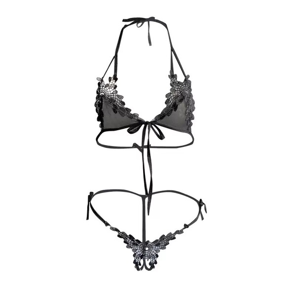 Black lace bralette and thong set with sheer fabric, floral details, and open-crotch design for small busts.