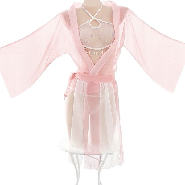 Lace bridal sleepwear set - plus size sheer hanfu-inspired robe, kimono & chemise nightgown ensemble