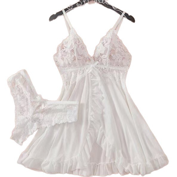 Elegant lace cami set for women, featuring a v-neck design with matching lace panties, perfect for sexy sleepwear and europea...