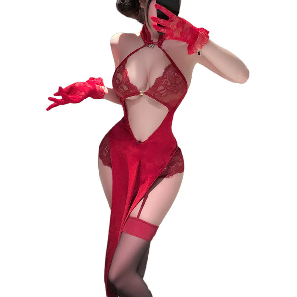 Sexy sheer halter neck lace cut-out cheongsam sleepwear set with red gloves and stockings, perfect for elegant nightwear.