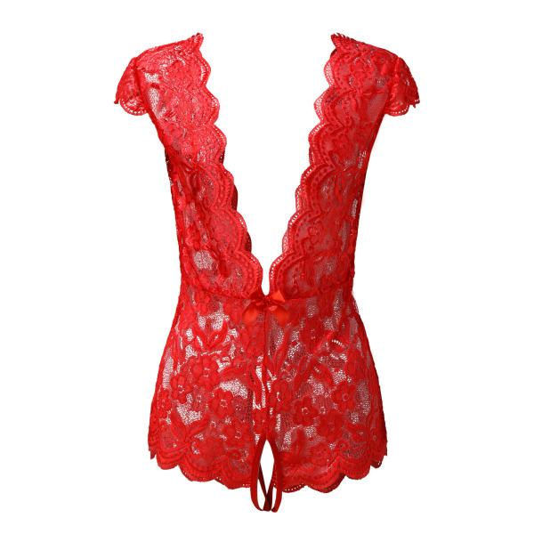 Red lace deep v-back sleepwear with floral trim and sheer cutouts.