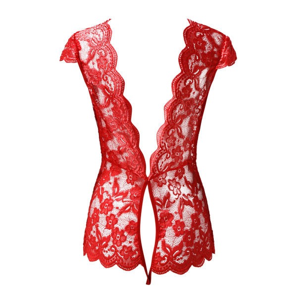 Red lace deep v-back lingerie set with floral trim and sheer cutouts, perfect for seductive sleepwear.