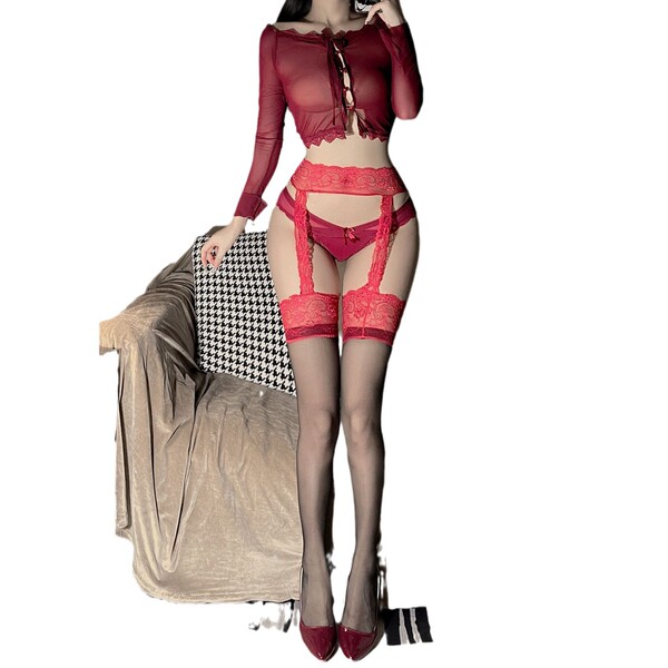 Lace garter stockings set - sheer over-the-knee stockings with adjustable silk-like garter belt, anti-run thigh highs
