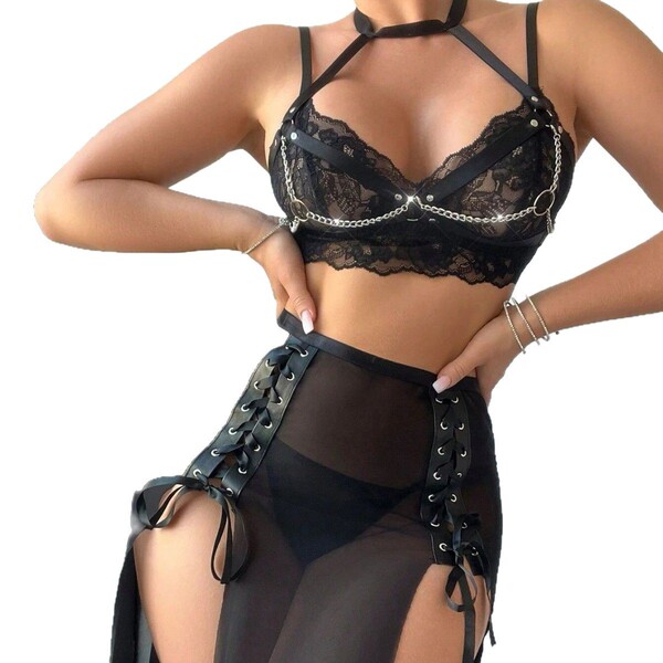 Sexy lace halter neck lingerie set with high slit and bondage style design for women.