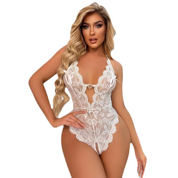Sexy white lace halter neck bodysuit with sheer design and open crotch, perfect for womens sleepwear.