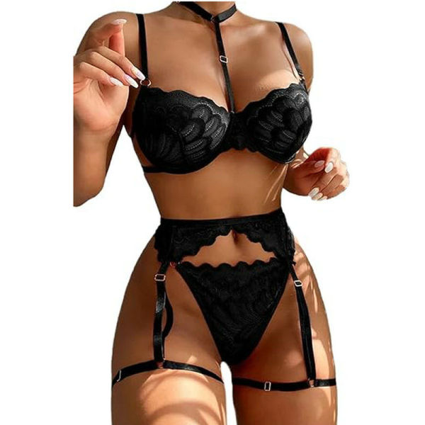 Black lace lingerie set with garter belt and halter bra, featuring delicate floral embroidery and adjustable straps for a sex...
