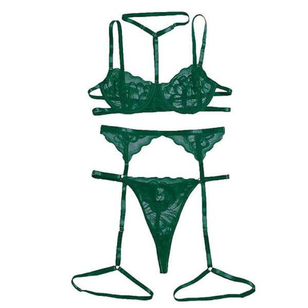 Green lace lingerie set with halter bra, garter belt, and thong – sexy sleepwear for women.