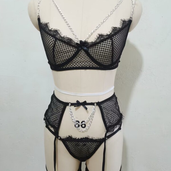 Lace mesh sensual babydoll set for women – sheer romantic lingerie with eyelash trim & cross-stitch detail